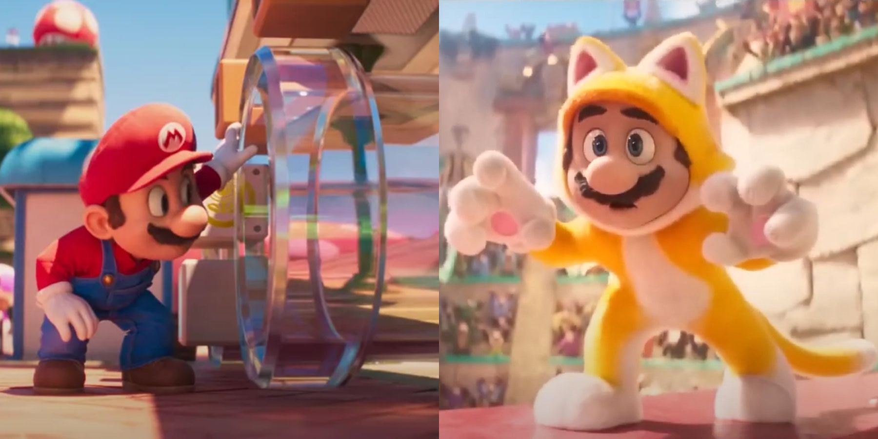 Clear pipes and Cat mario Super Mario Bros. movie split image