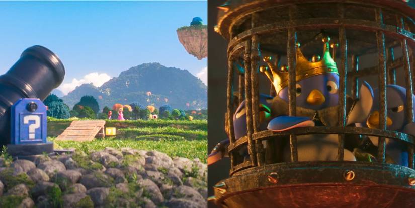 Bob-omb Battlefield and Penguin King split image from Super Mario Bros. movie