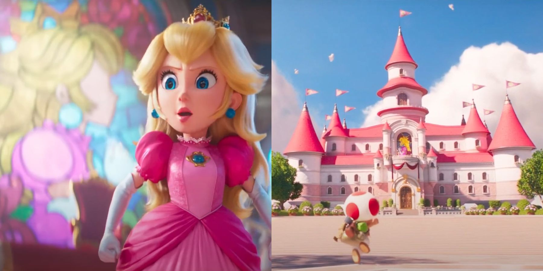 Peach next to stained glass and Castle in Super Mario Bros. movie split image