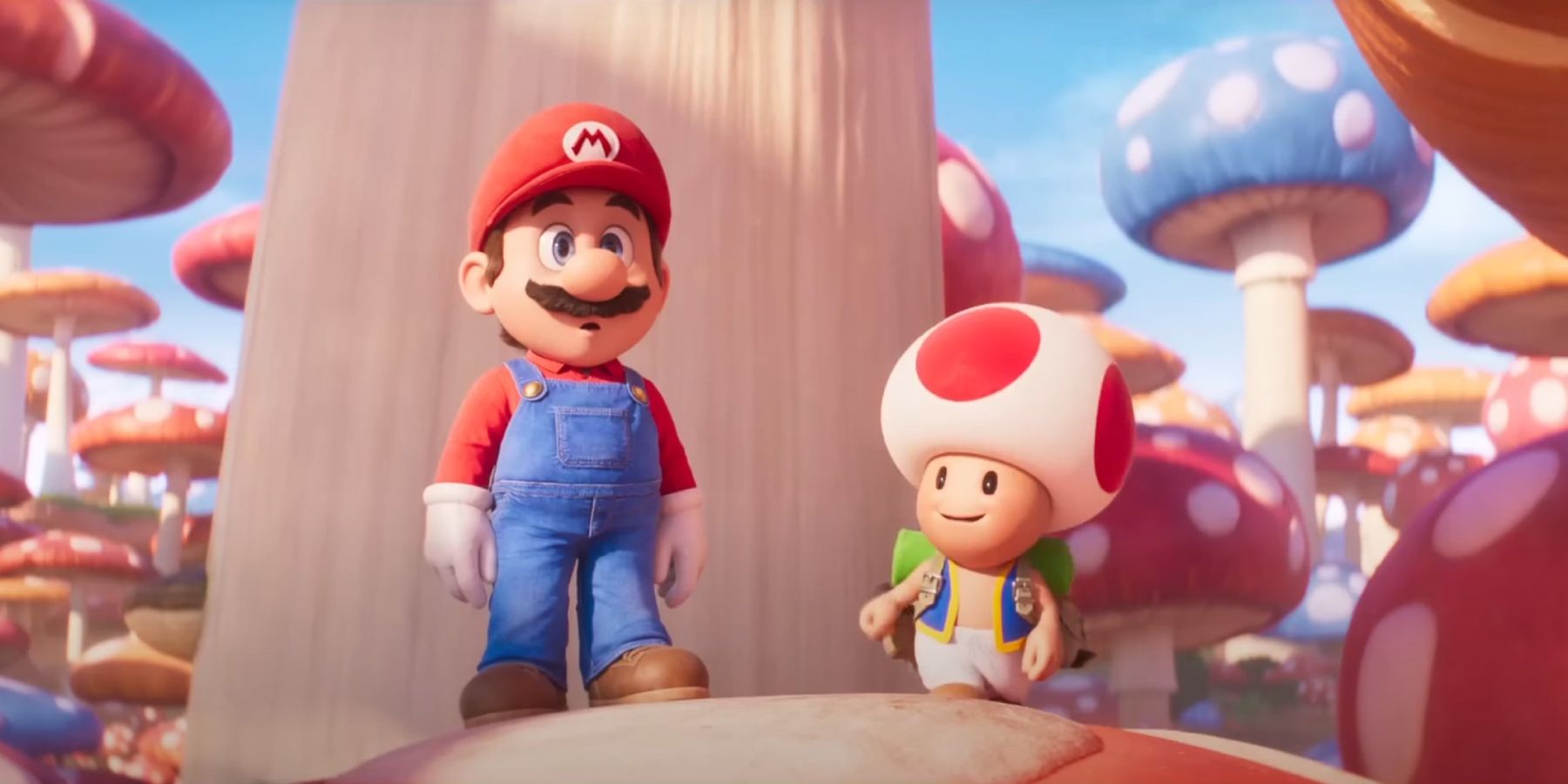 Mario and Toad large mushroom tops in the Super Mario Bros. movie
