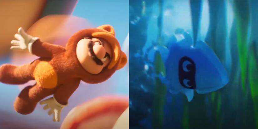 Tanooki Mario and Blooper split image from Super Mario Bros. movie