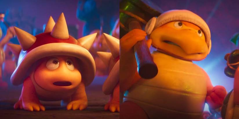 Spiny and Hammer bro in Super Mario Bros. movie trailer split image