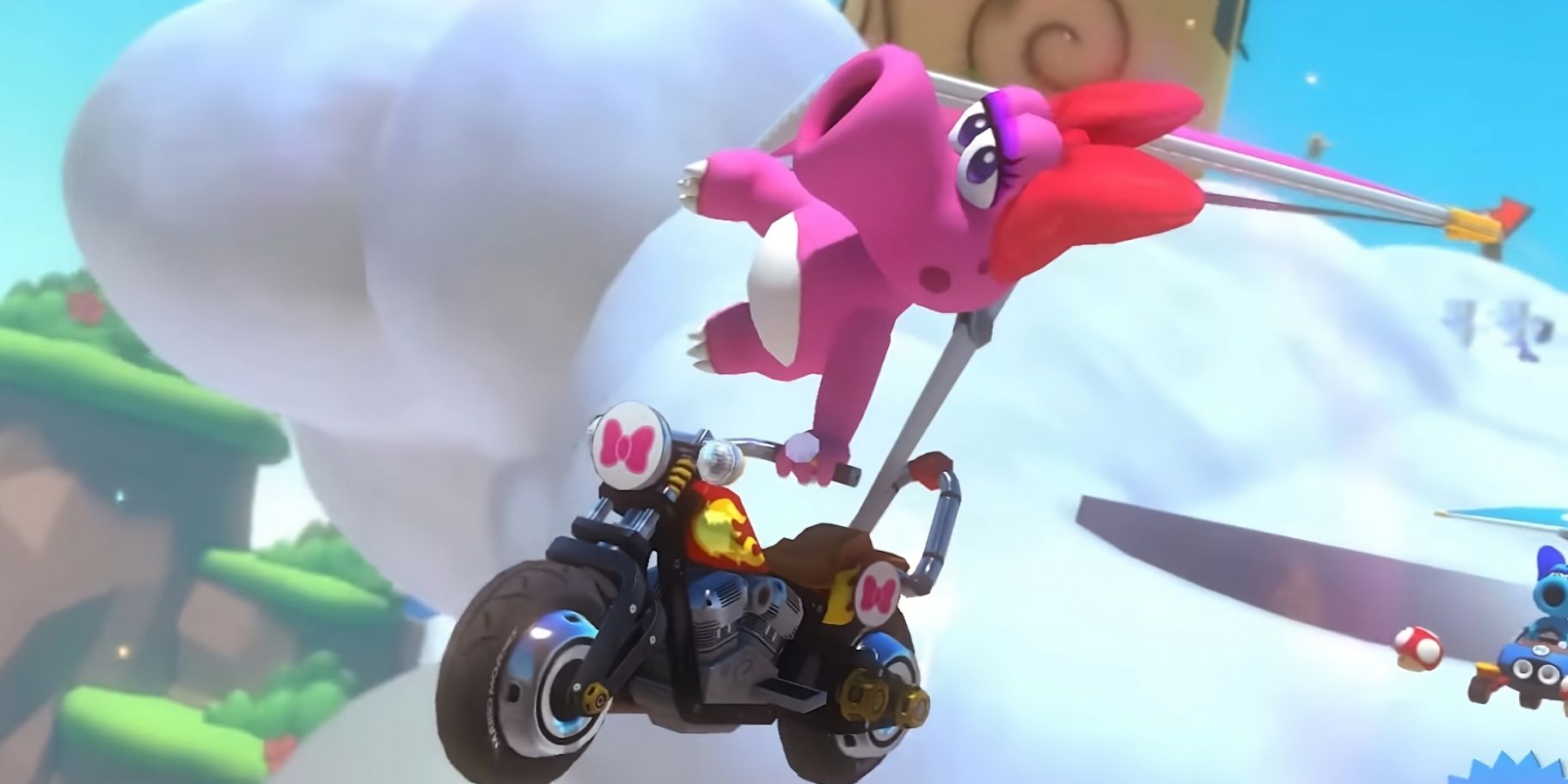 Mario Kart 8 Deluxe character Birdo jumps from a cloud