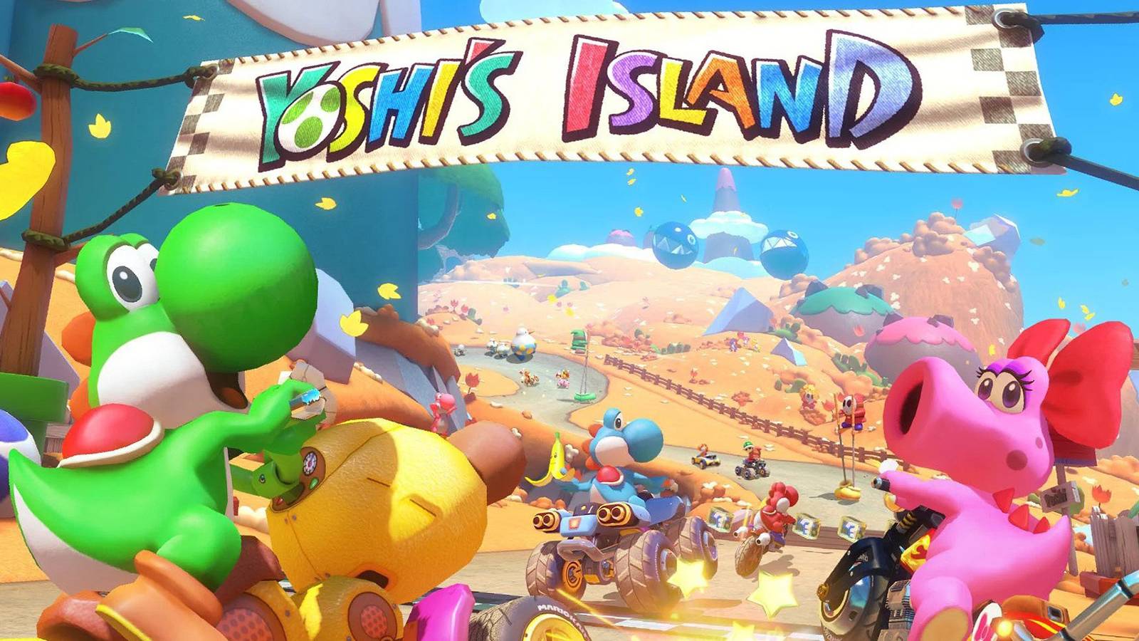 promotional image for yoshi's island dlc for mario kart 8 deluxe