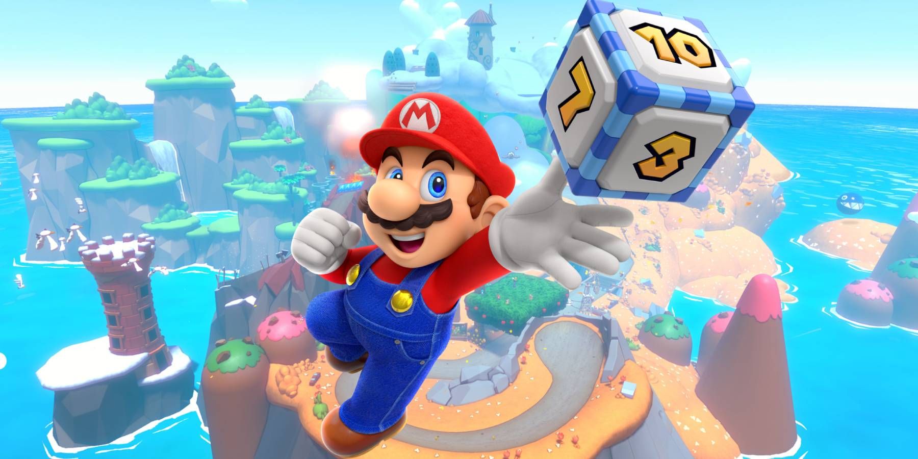 Mario with a dice block at Yoshi's Island from Mario Kart 8 Deluxe