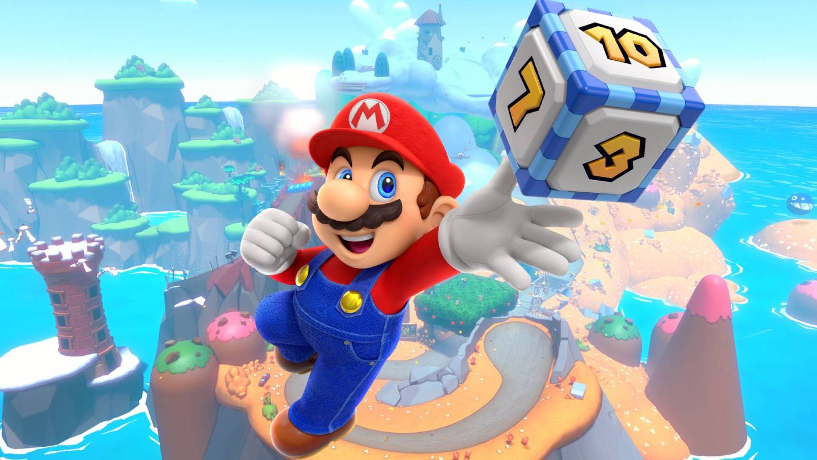 Mario with a dice block at Yoshi's Island from Mario Kart 8 Deluxe