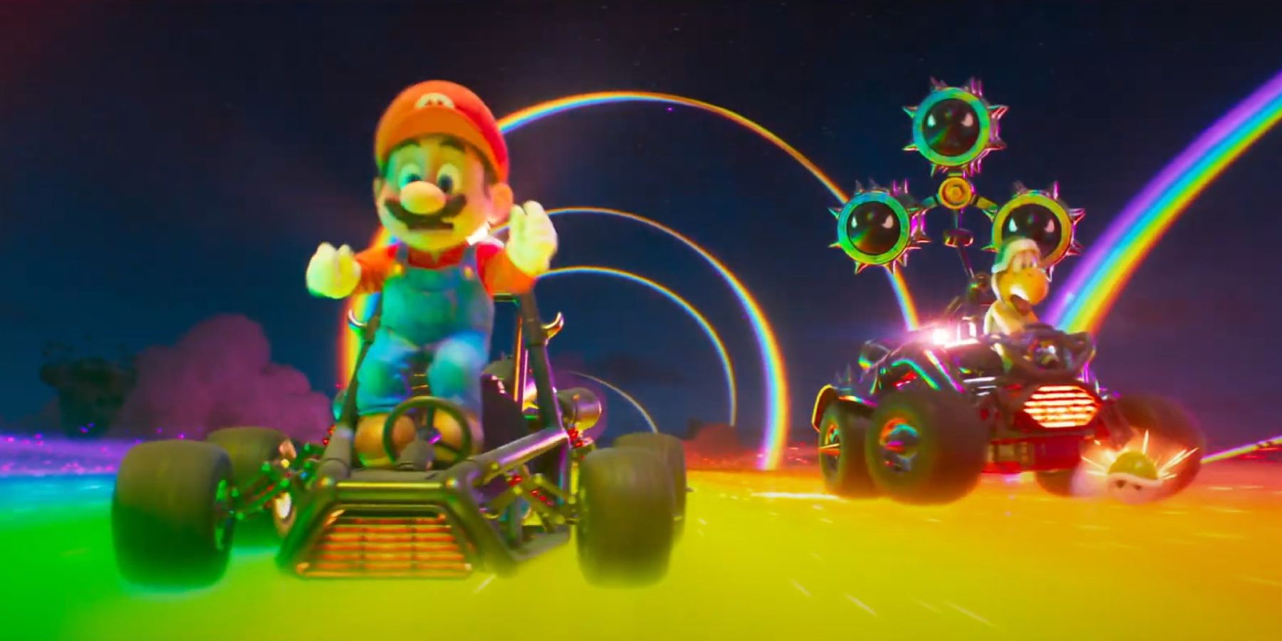 Mario jumping in kart in Rainbow Road Super Mario Bros. movie
