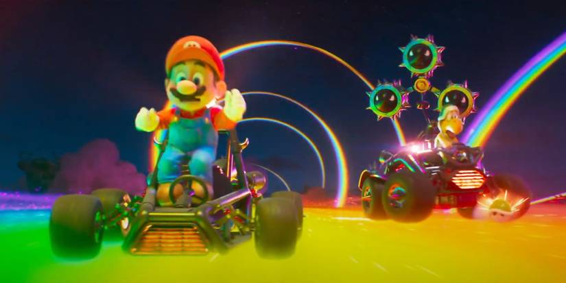 Mario jumping in kart in Rainbow Road Super Mario Bros. movie