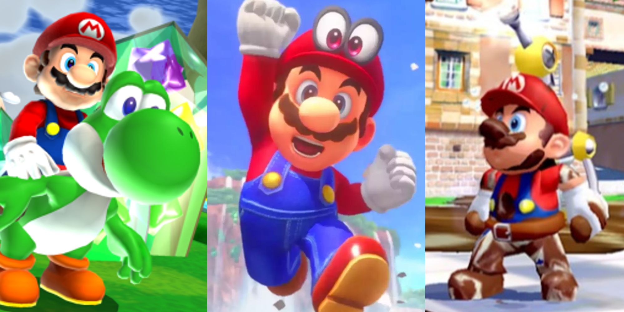 Mario riding Yoshi; Mario jumping with Cappy; a dirty Mario sprays F.L.U.D.D.