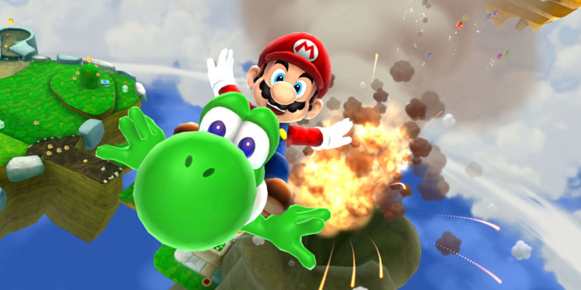 Mario and Yoshi flying in the sky