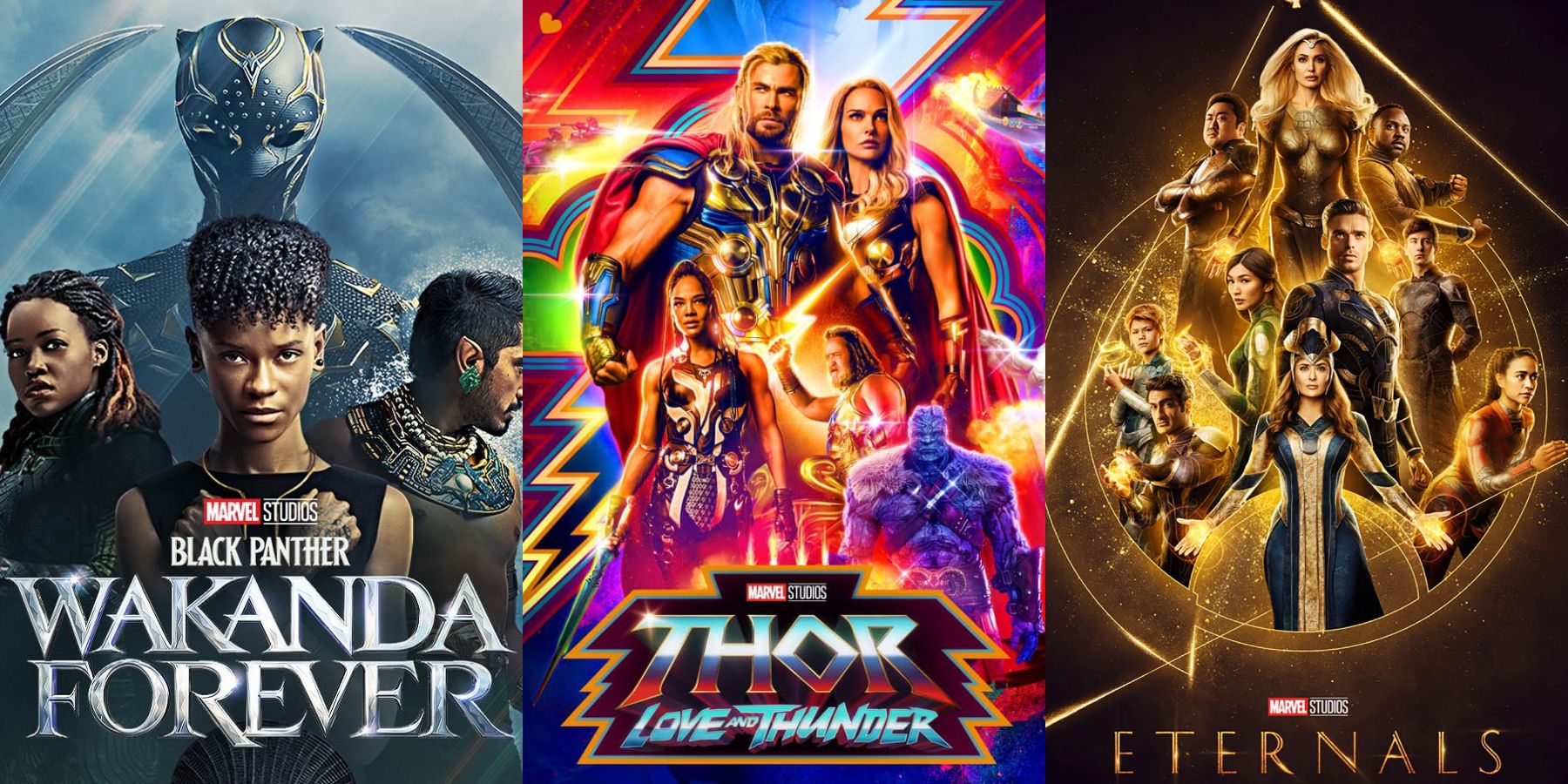 Black Panther: Wakanda Forever, Thor: Love and Thunder and Eternals posters split image