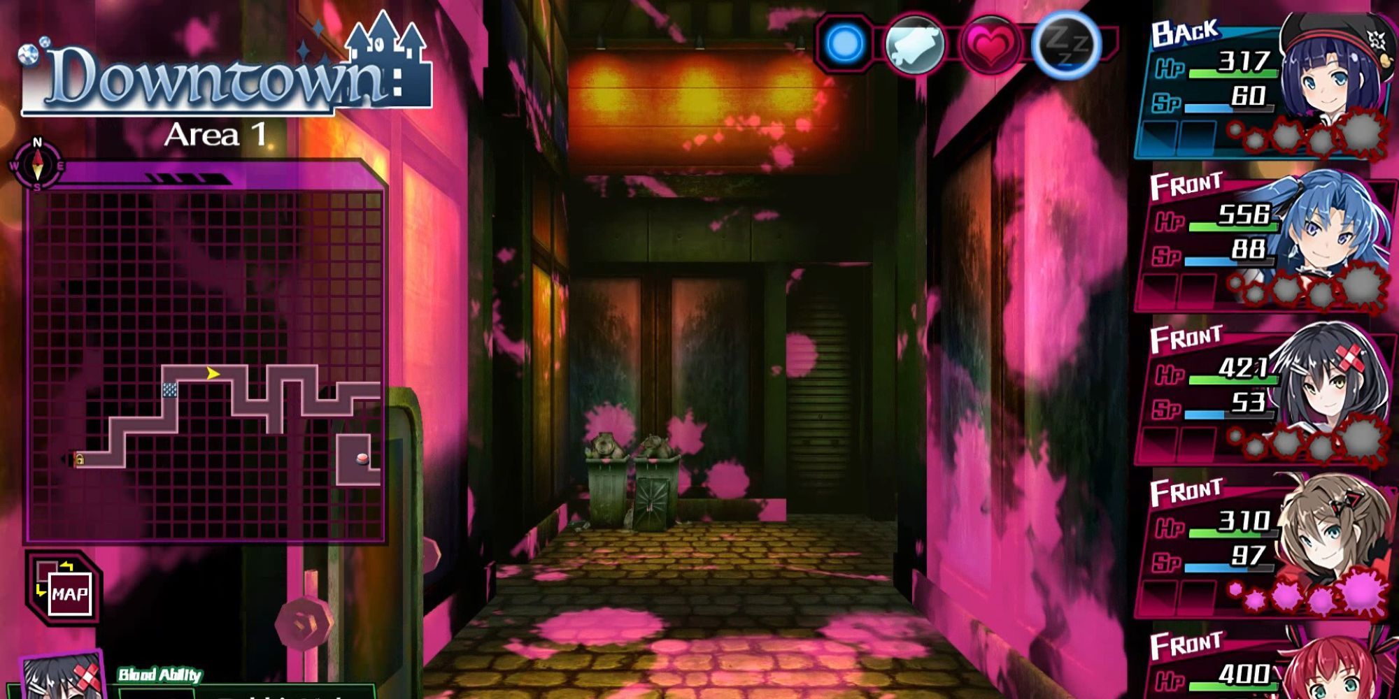 A alleyway in the Downtown in Mary Skelter: Nightmares