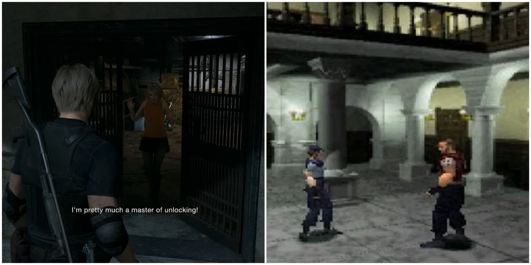 Ashley saying she's the master of unlocking and a screenshot of Billy and Jill from Resident Evil.