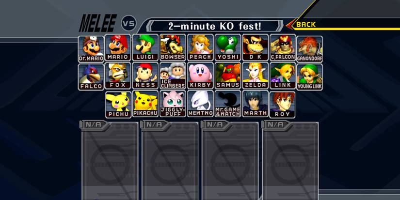 The full character select in Melee