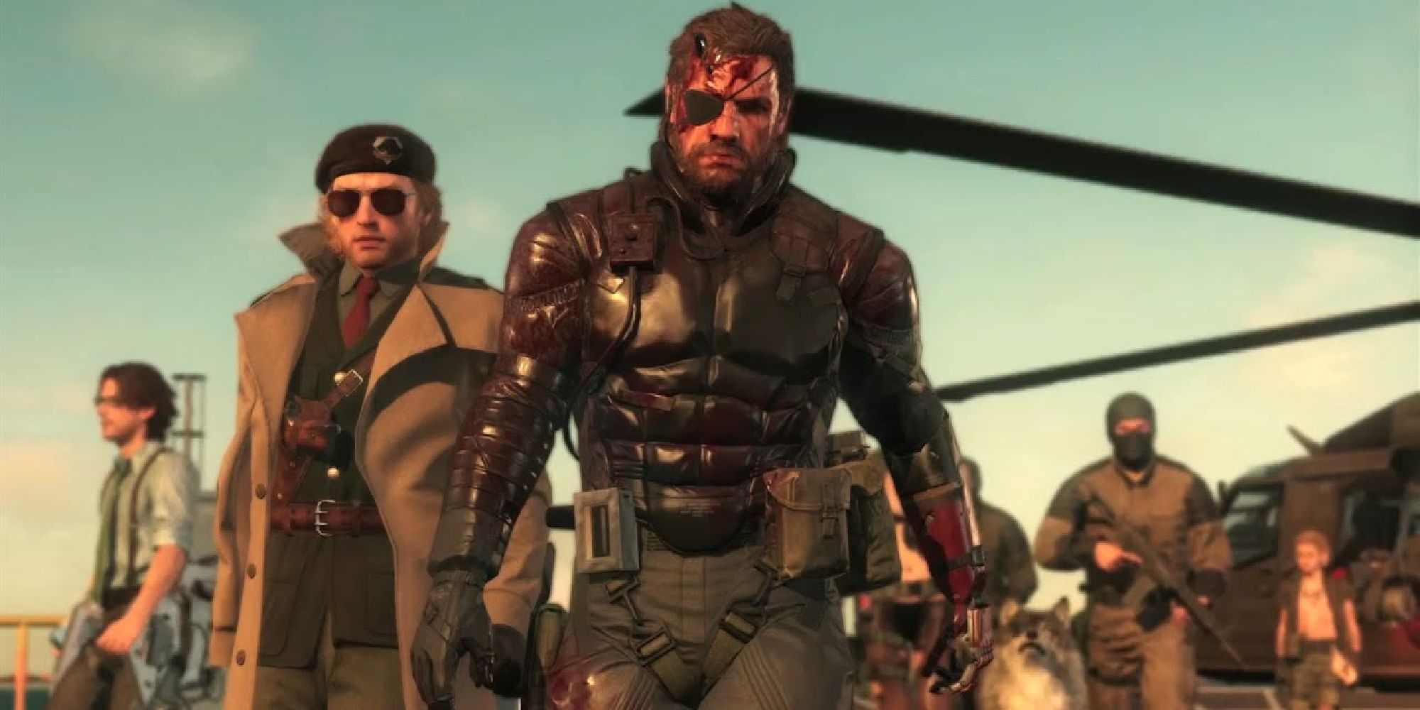 Huey, Venom Snake, Kaz, Quiet and a few others walkin northward, a helicopter in the background. 