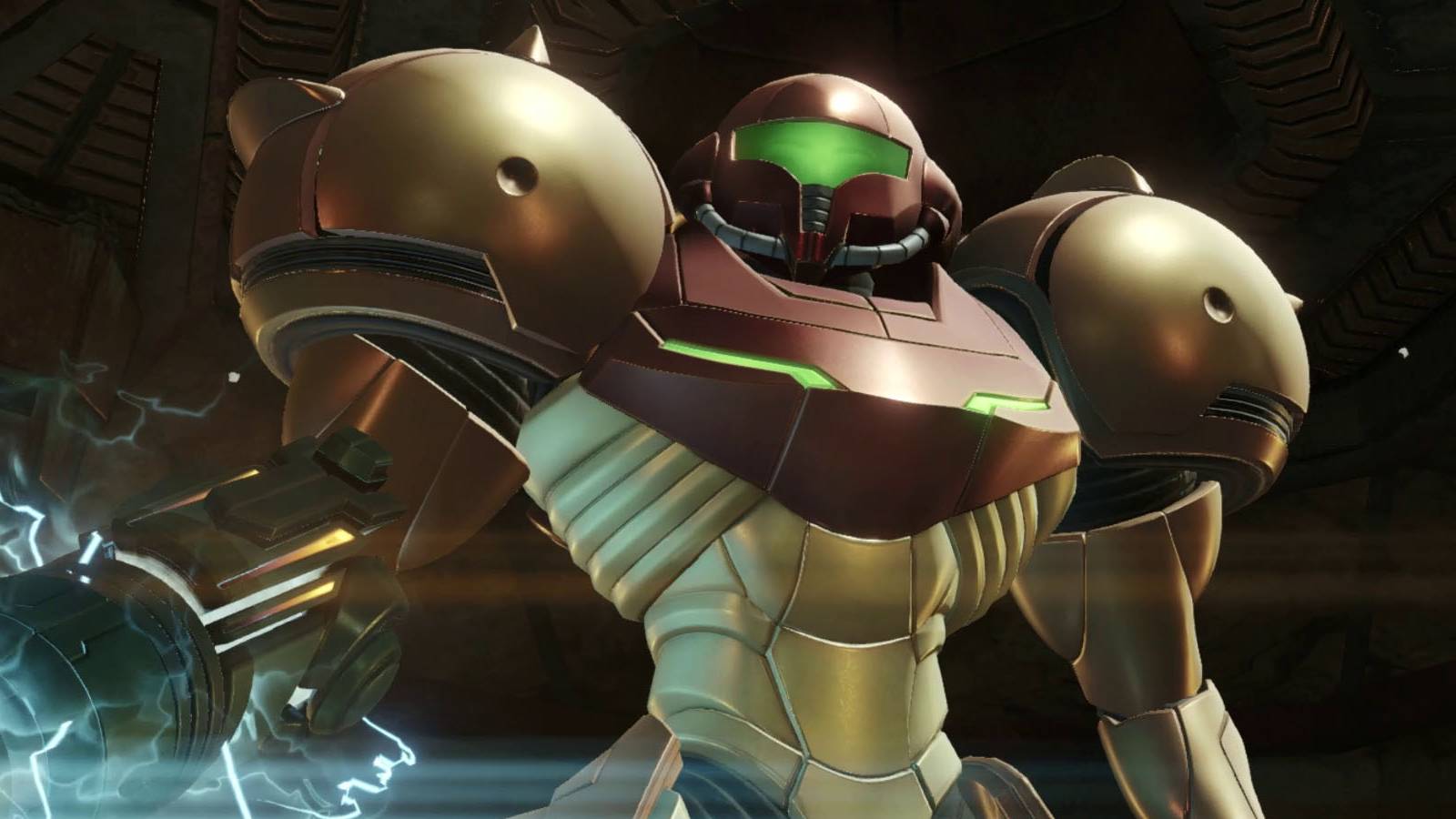 A screenshot from Metroid Prime Remastered featuring Samus looking around a dark tunnel.