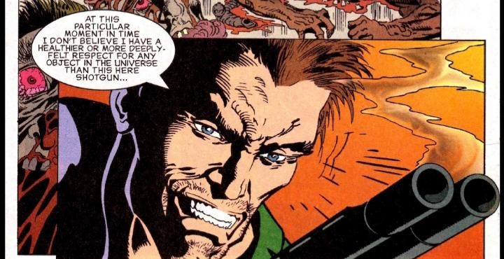 Panel from the Doom comic feauting Doomguy praising his shotgun
