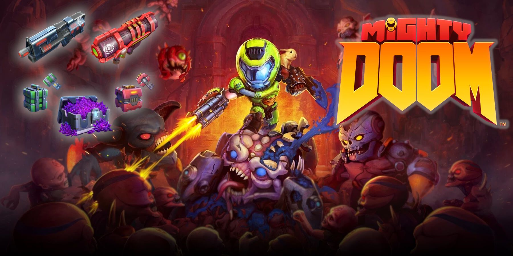 Mighty Doom promotional poster with logo and weapons highlighted