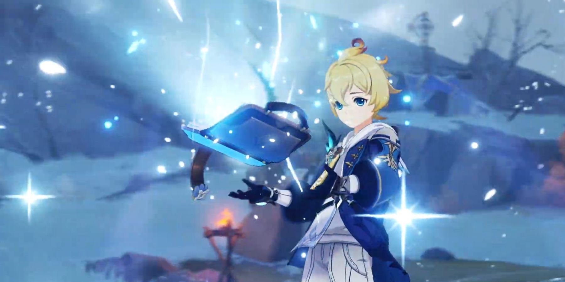 mika holding a book in genshin impact