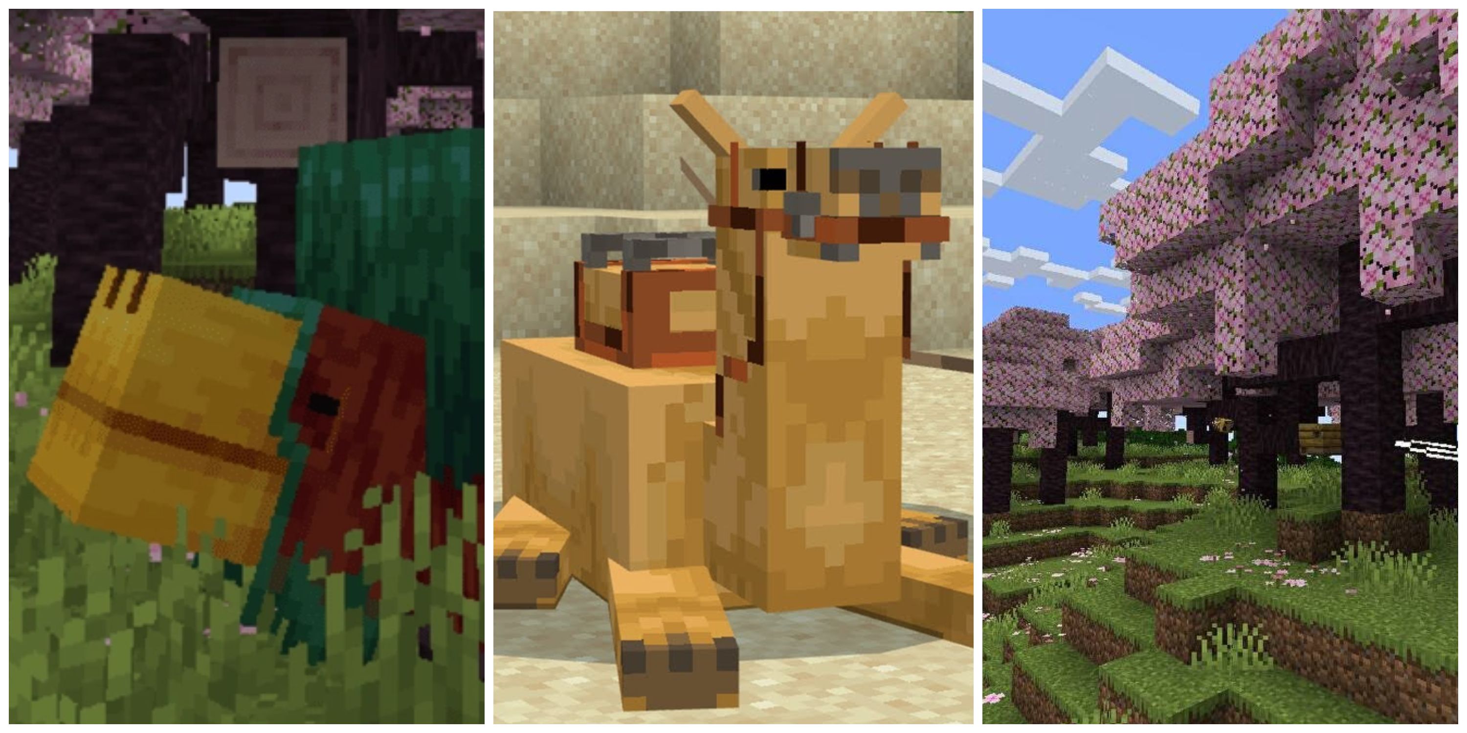 sniffer, camel and cherry blossom tree in minecraft