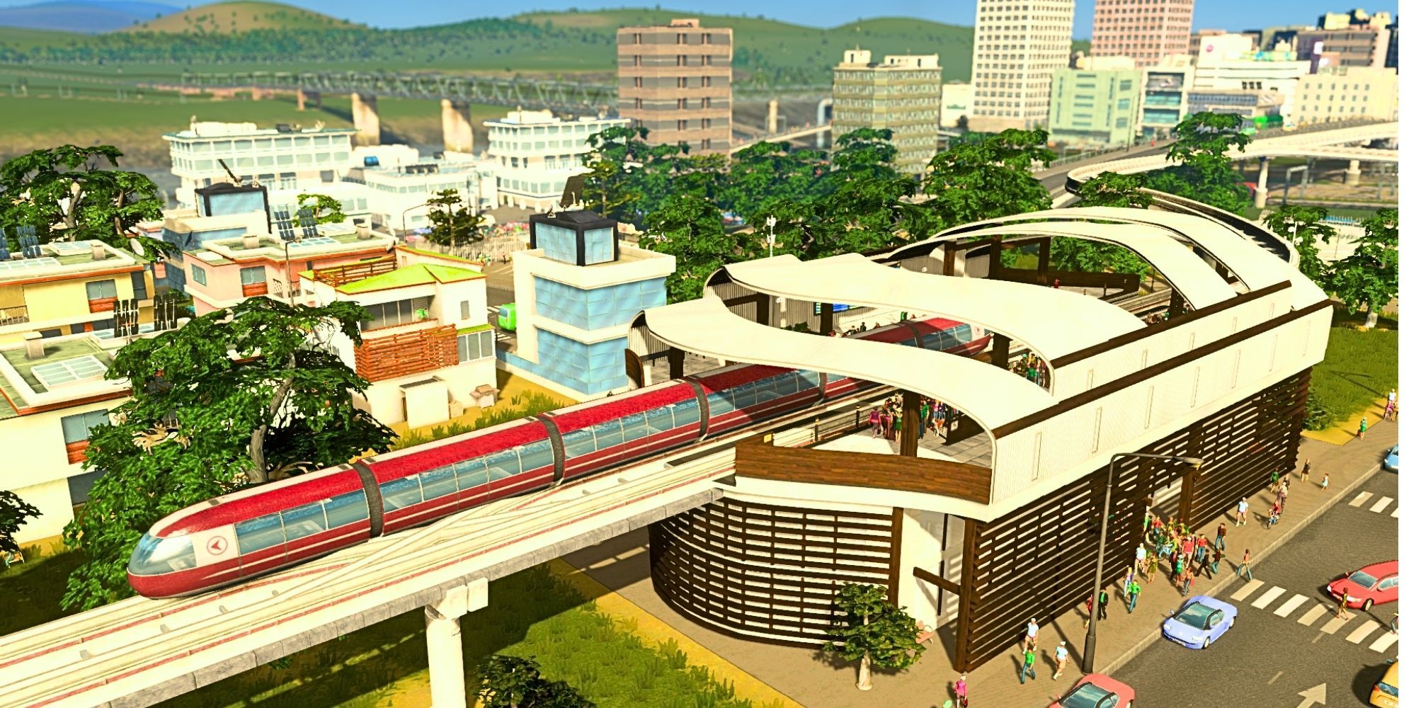Red Monorail in Cities Skylines leaving the station