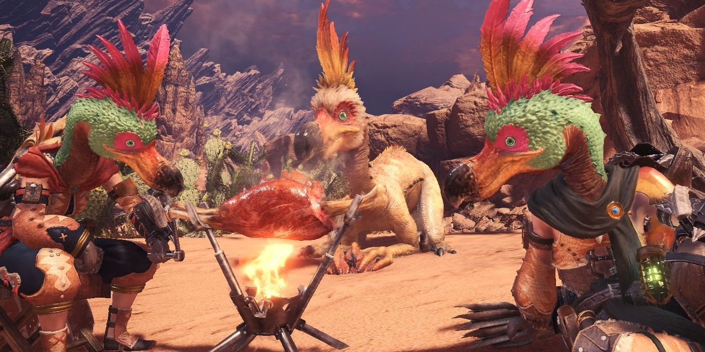 Cooking Meat on a BBQ Spit in Monster Hunter while wearing Kulu masks