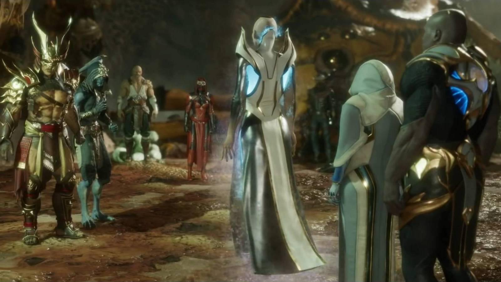 Various villains collected around Kronika in Mortal Kombat 11