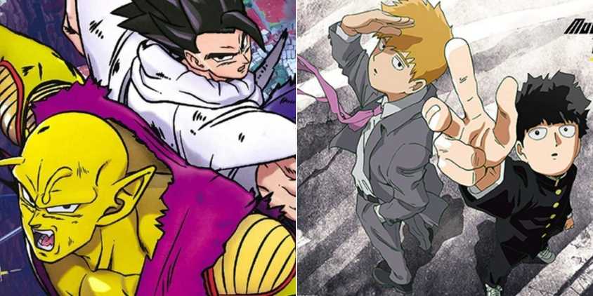 split image of piccolo and gohan from dragon ball super hero and reigen and mob from mob psycho 100