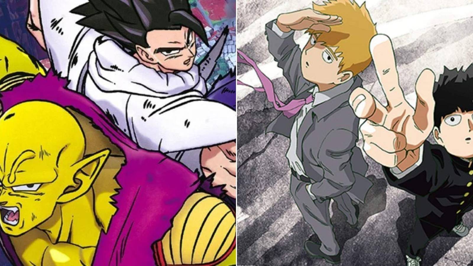 split image of piccolo and gohan from dragon ball super hero and reigen and mob from mob psycho 100
