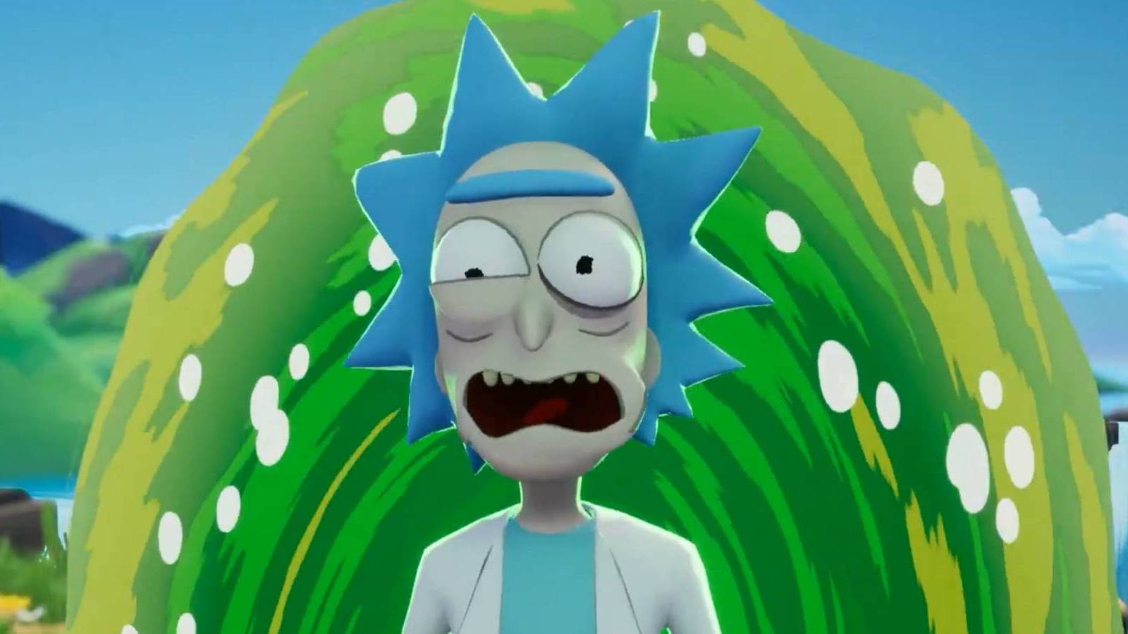 Rick Sanchez looking shocked as he steps out of a portal in MultiVersus
