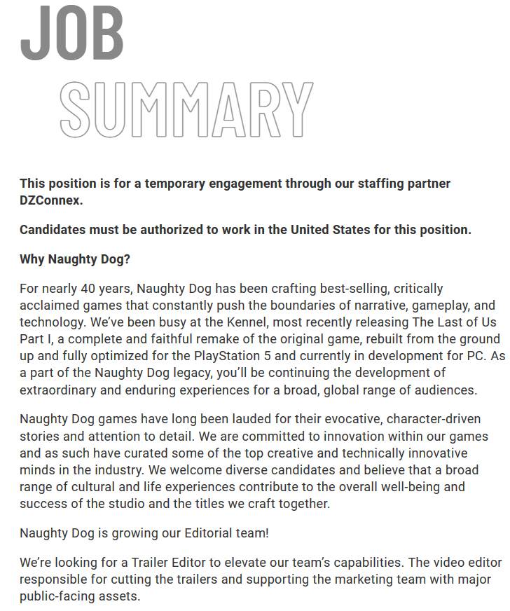 Naughty Dog trailer editor temp job summary March 2023