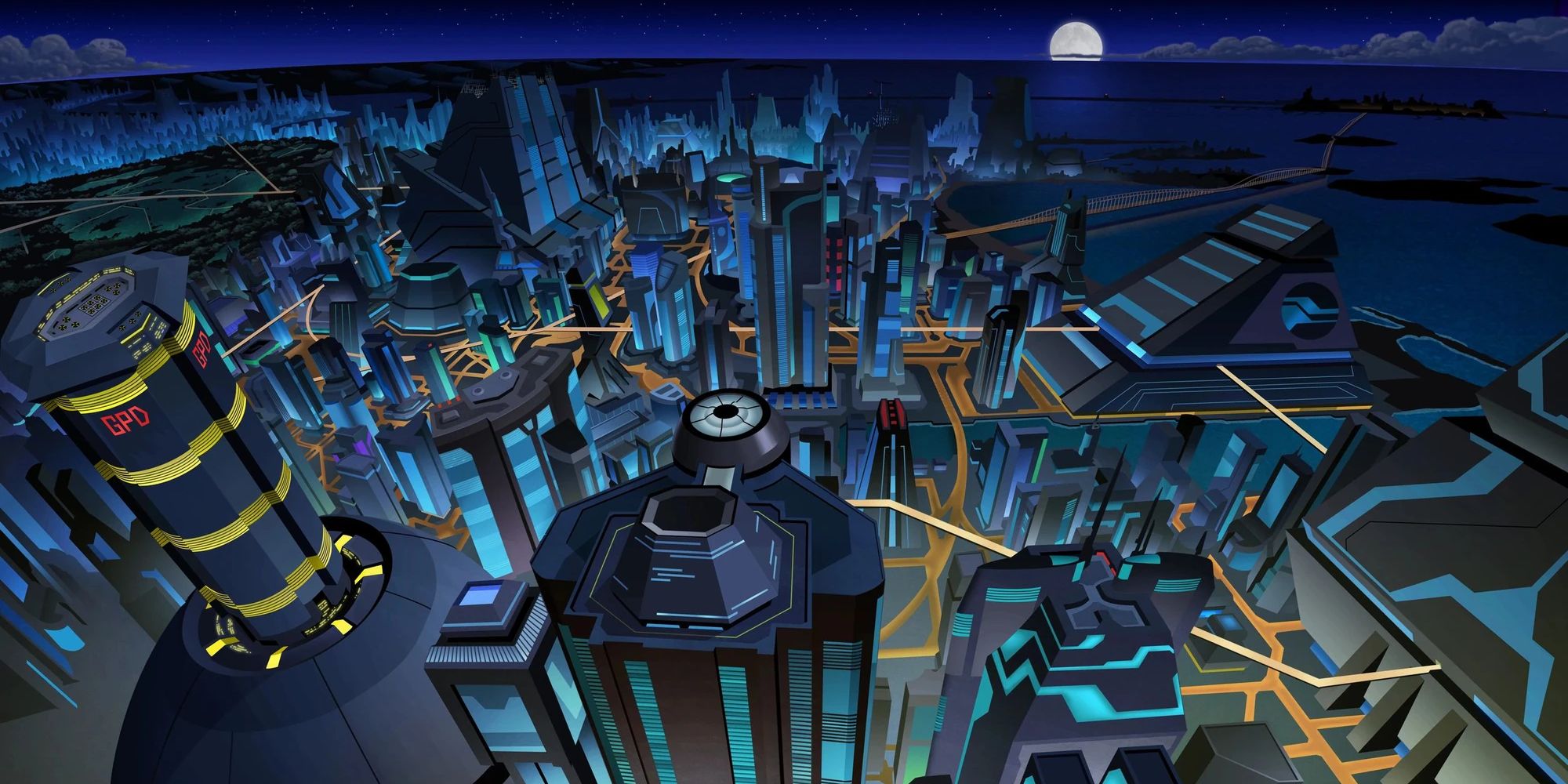 Foto aérea de Neo Gotham City de Batman Beyond, com um tom azul e arranha-céus.  Fonte da imagem: Batman.fandom.com