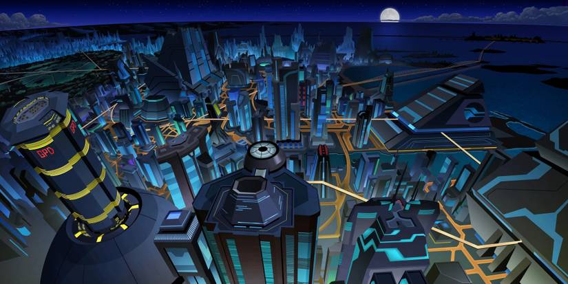 Overhead Shot of Batman Beyond's Neo Gotham City, with a blue hue and skyscrapers. Image source: Batman.fandom.com