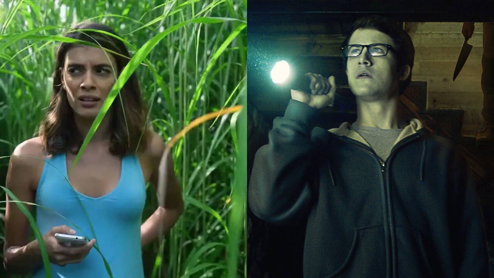 Split image of Becky in In The Tall Grass and Logan in The Open House