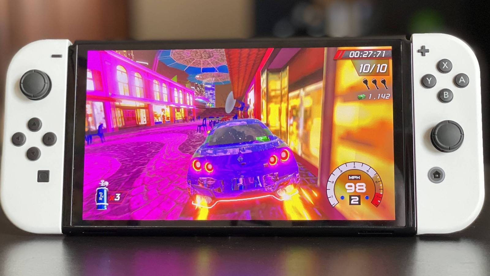 A promotional image of a Nintendo Switch in its touchscreen setup.