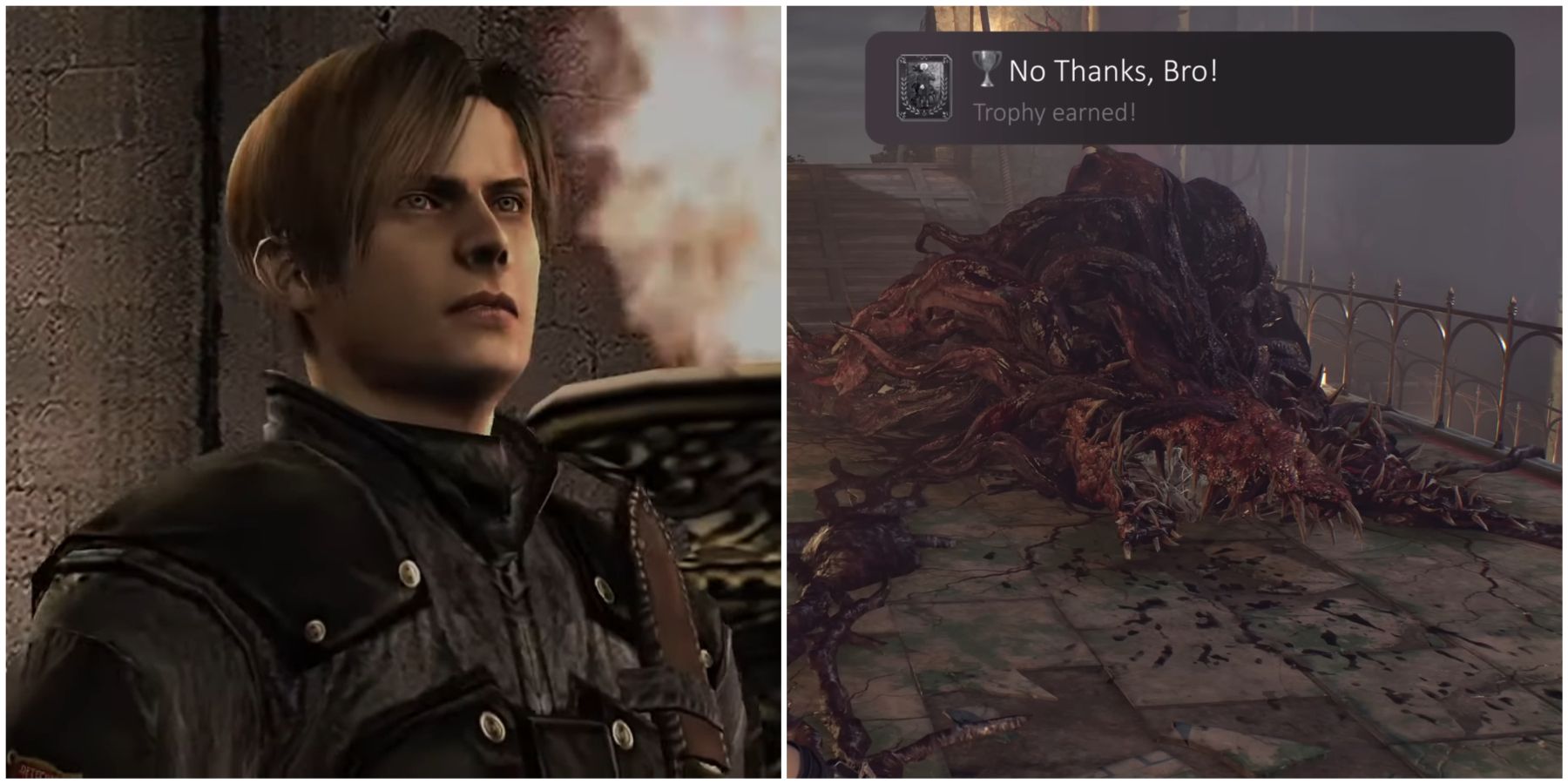 Leon looking at The "No Thanks, Bro!" trophy Resident Evil 4 Remake