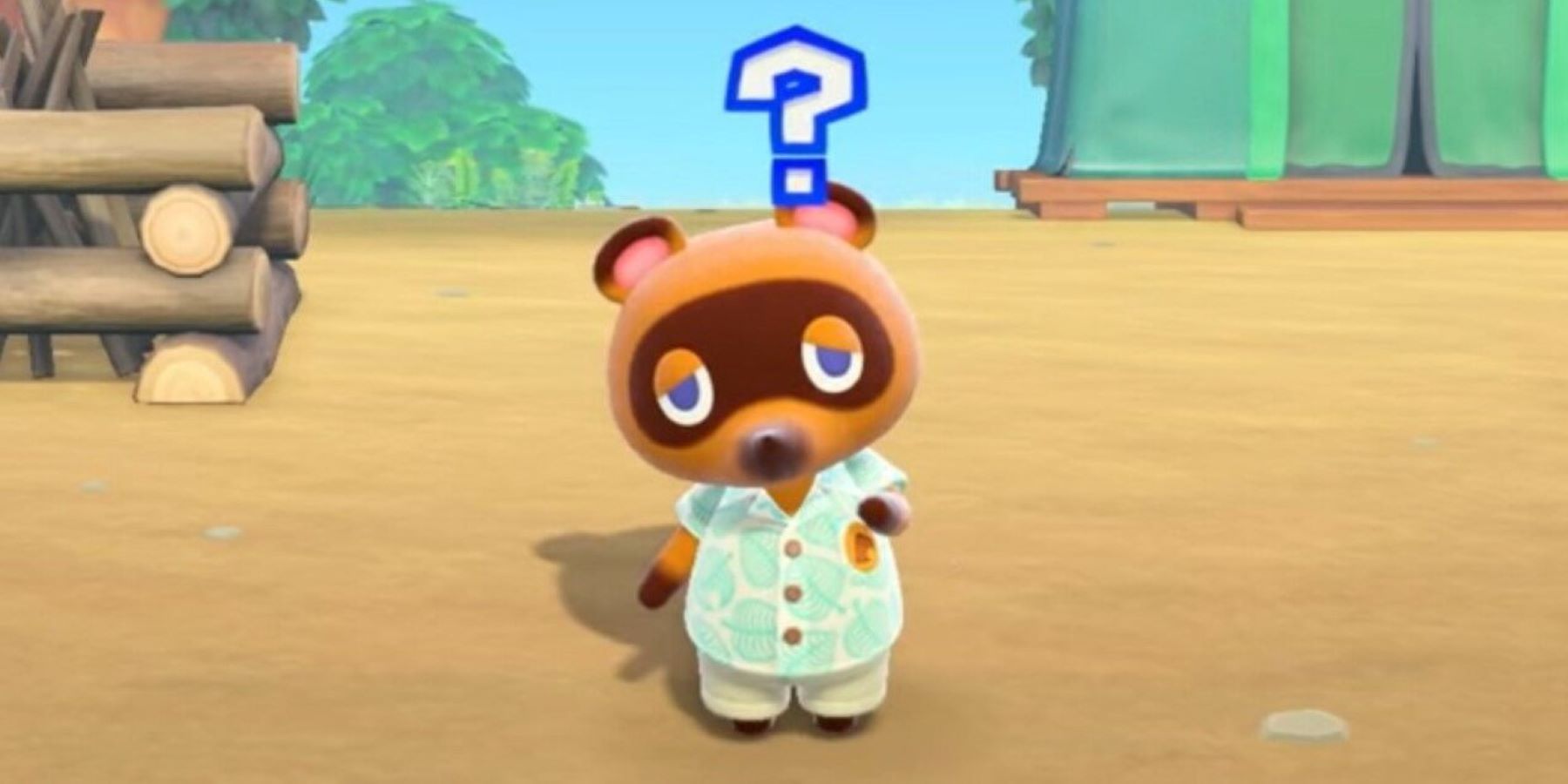 Tom Nook with a question mark in Animal Crossing New Horizons