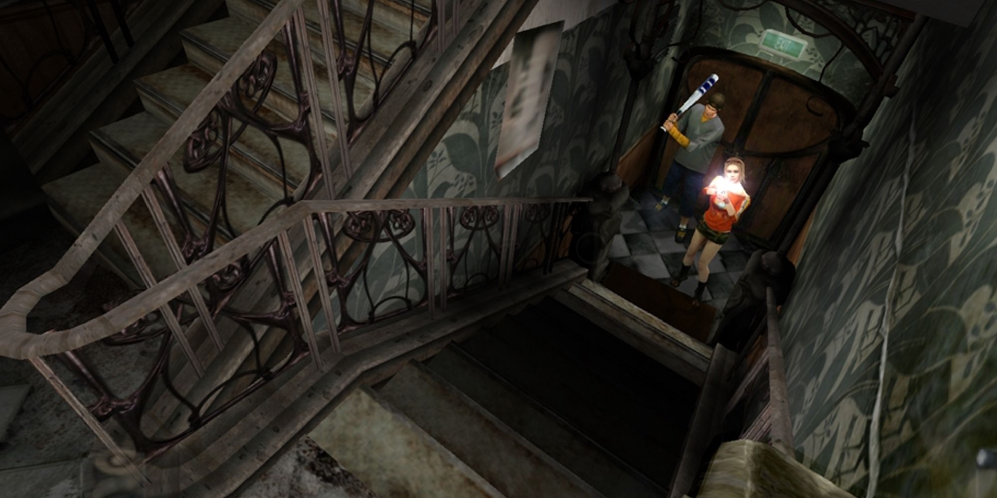 Two armed characters peering up the stairwell of an eerie, abandoned building.