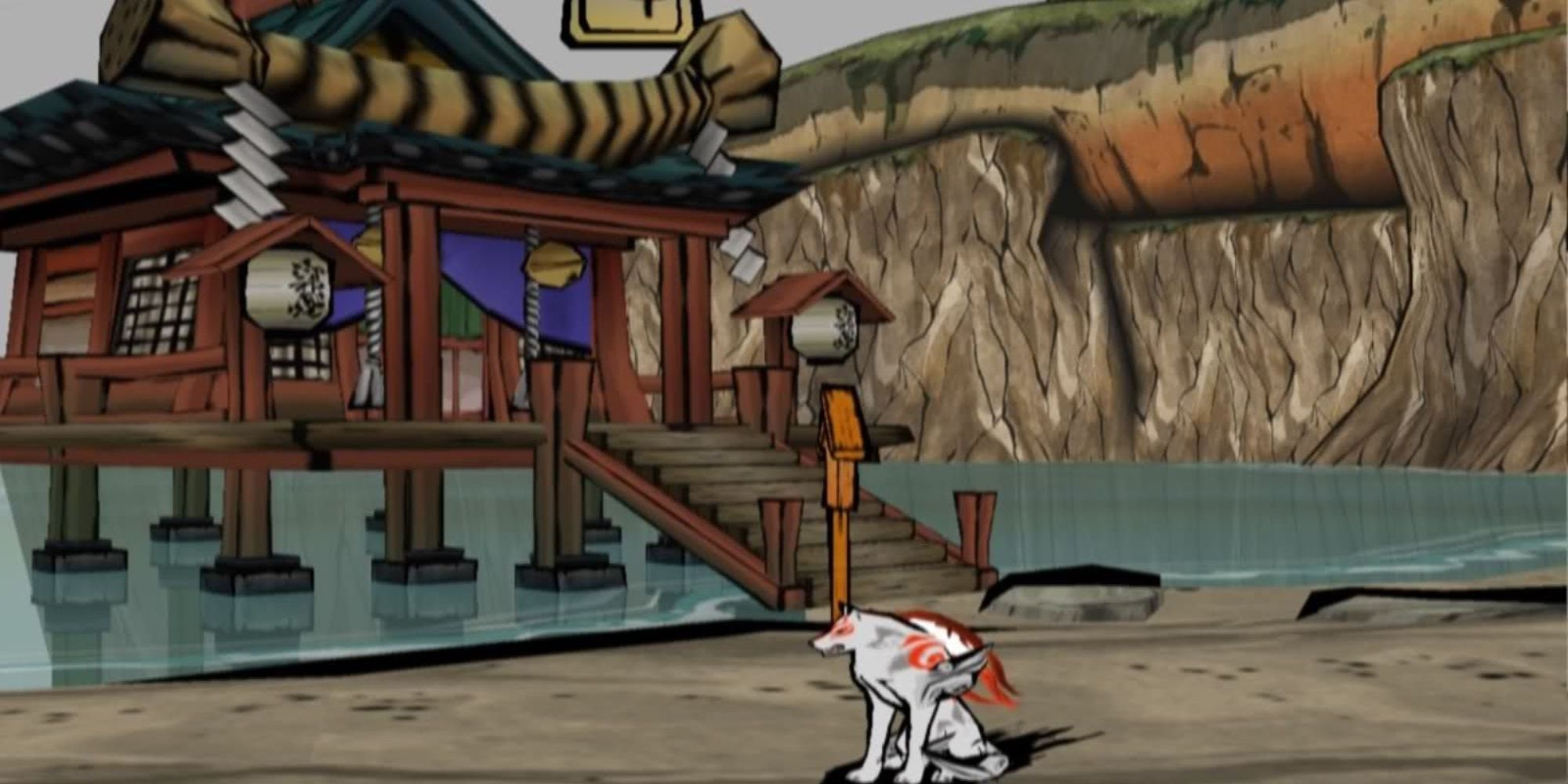 Okami - A white wolf sits at the water's edge with a quaint shack in the background