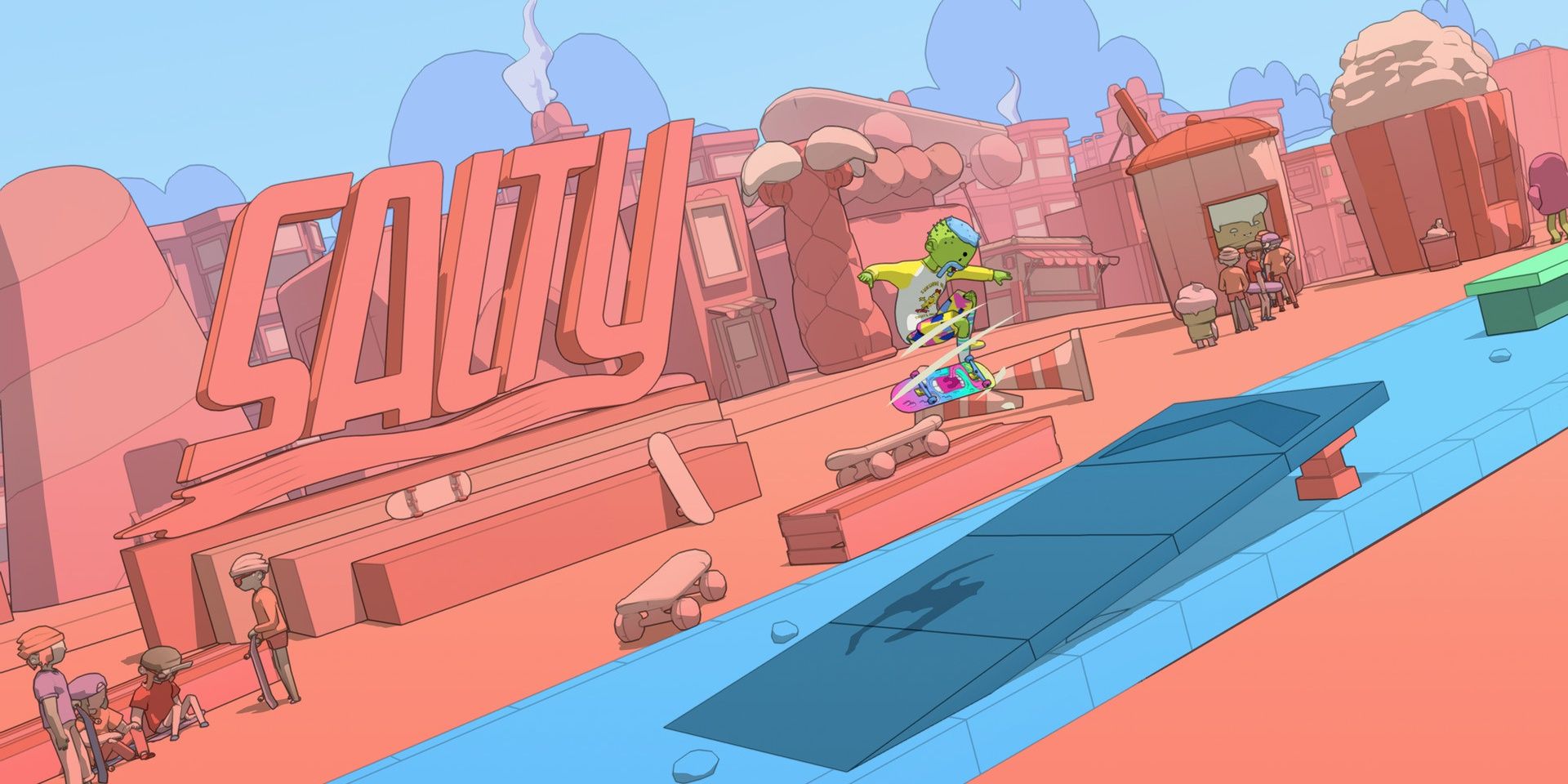 A player performing a trick in front of a sign that says "Salty" in OlliOlli World