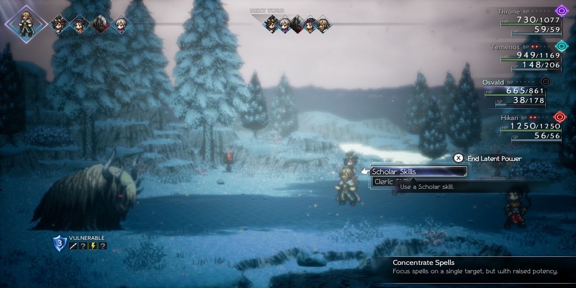 Osvald activating their Latent Power in battle in Octopath Traveler 2