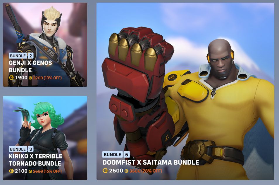 Overwatch 2 shop screen displaying sale prices One-Punch Man cosmetics