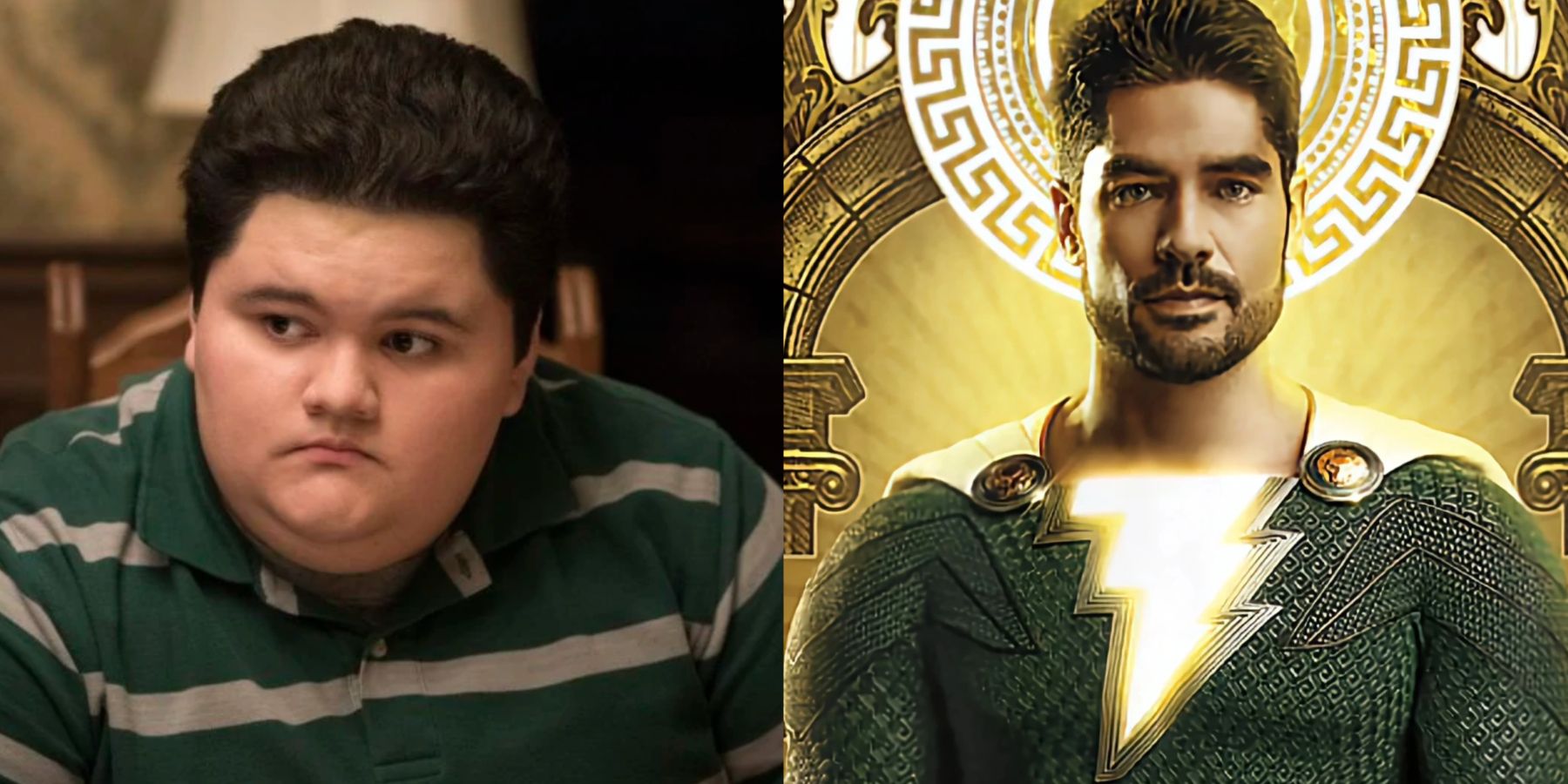 A split image features Pedro as a child and in his superhero form in Shazam: Fury Of The Gods