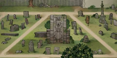 A shrine in the middle of a graveyard in Pentiment