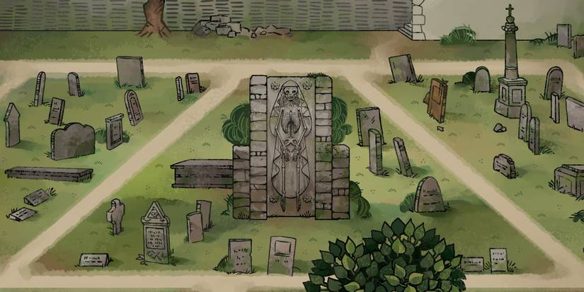 A shrine in the middle of a graveyard in Pentiment