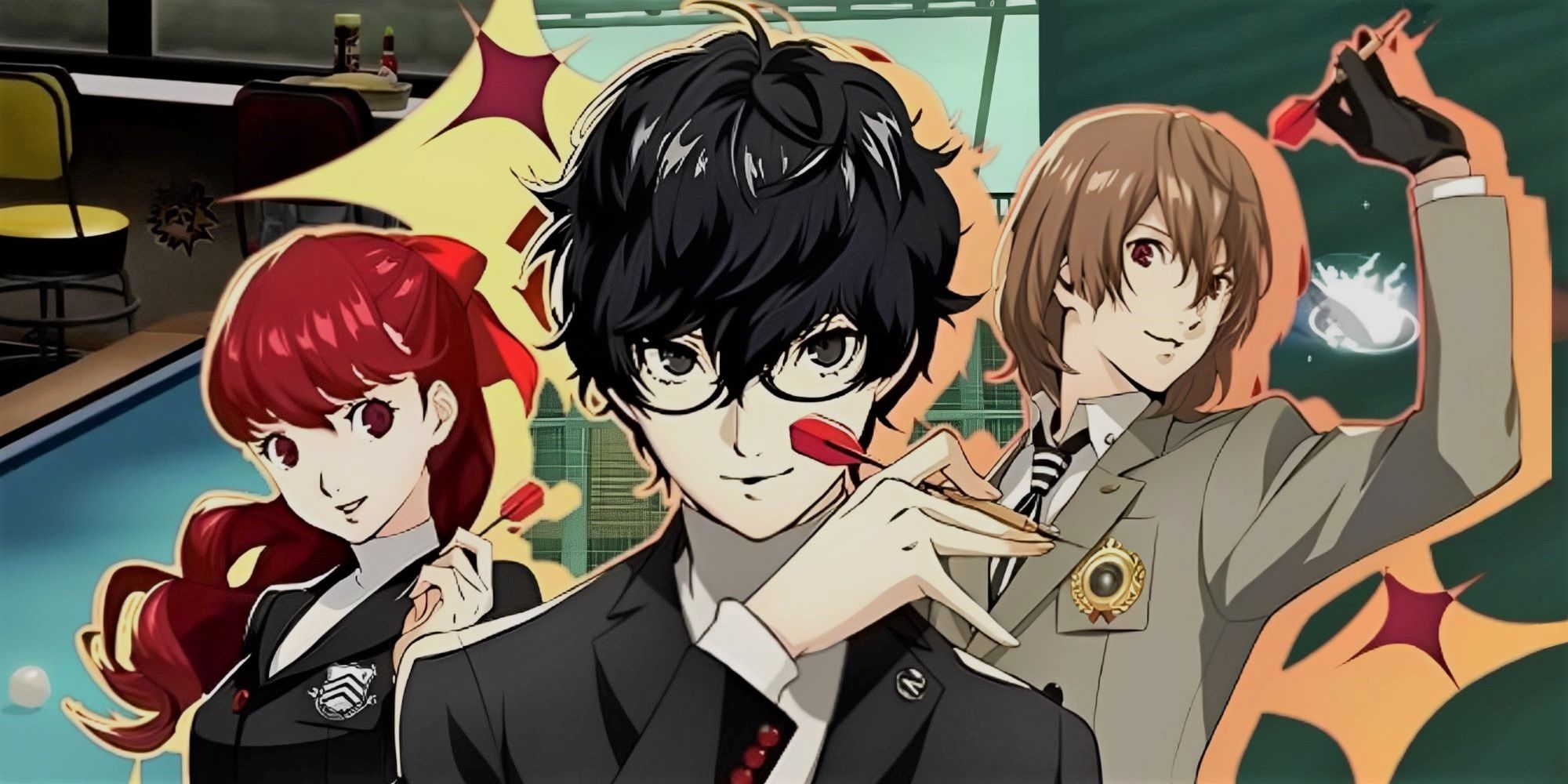 Yoshizawa, Akechi, and Joker from Persona 5 holding darts with images of billiards, batting cages, and fishing in the background