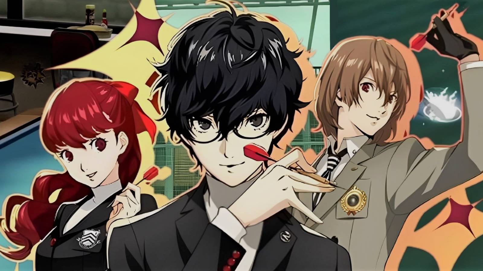 Yoshizawa, Akechi, and Joker from Persona 5 holding darts with images of billiards, batting cages, and fishing in the background