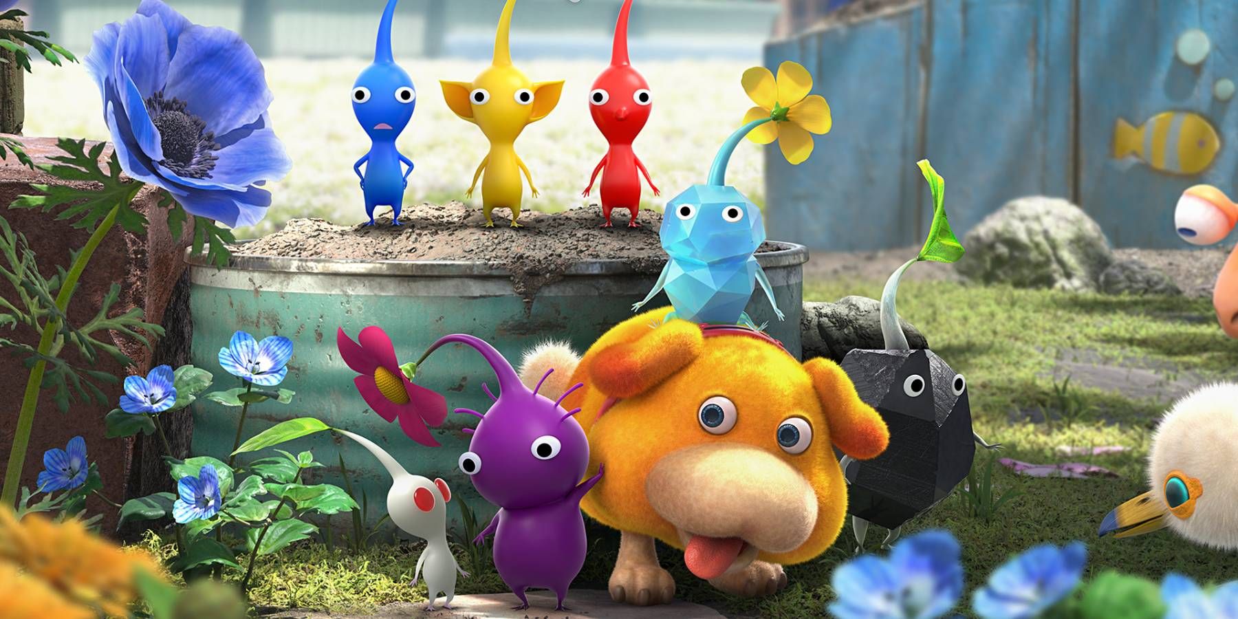 Various Pikmin types and Oatchi from Pikmin 4
