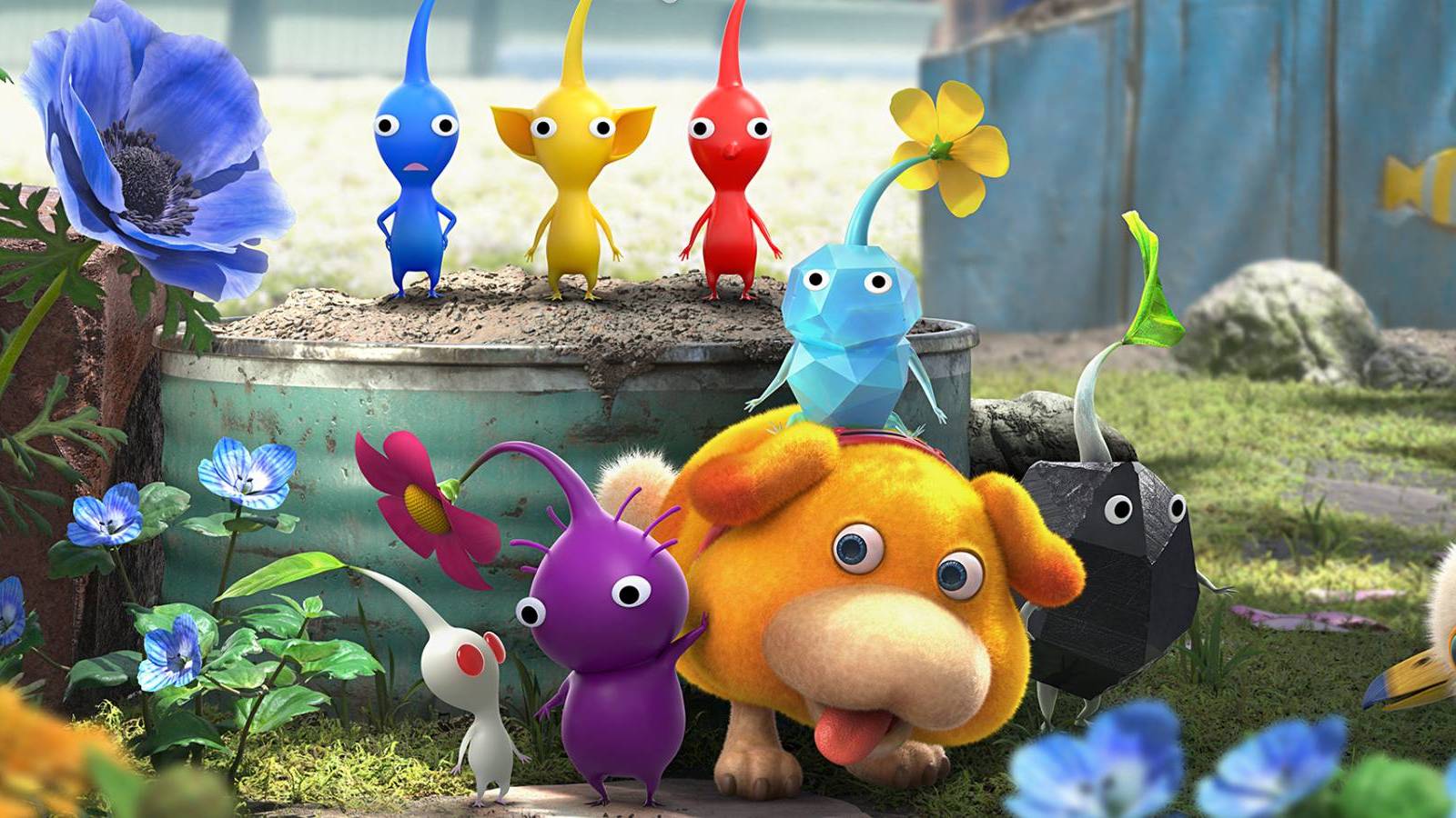 Various Pikmin types and Oatchi from Pikmin 4