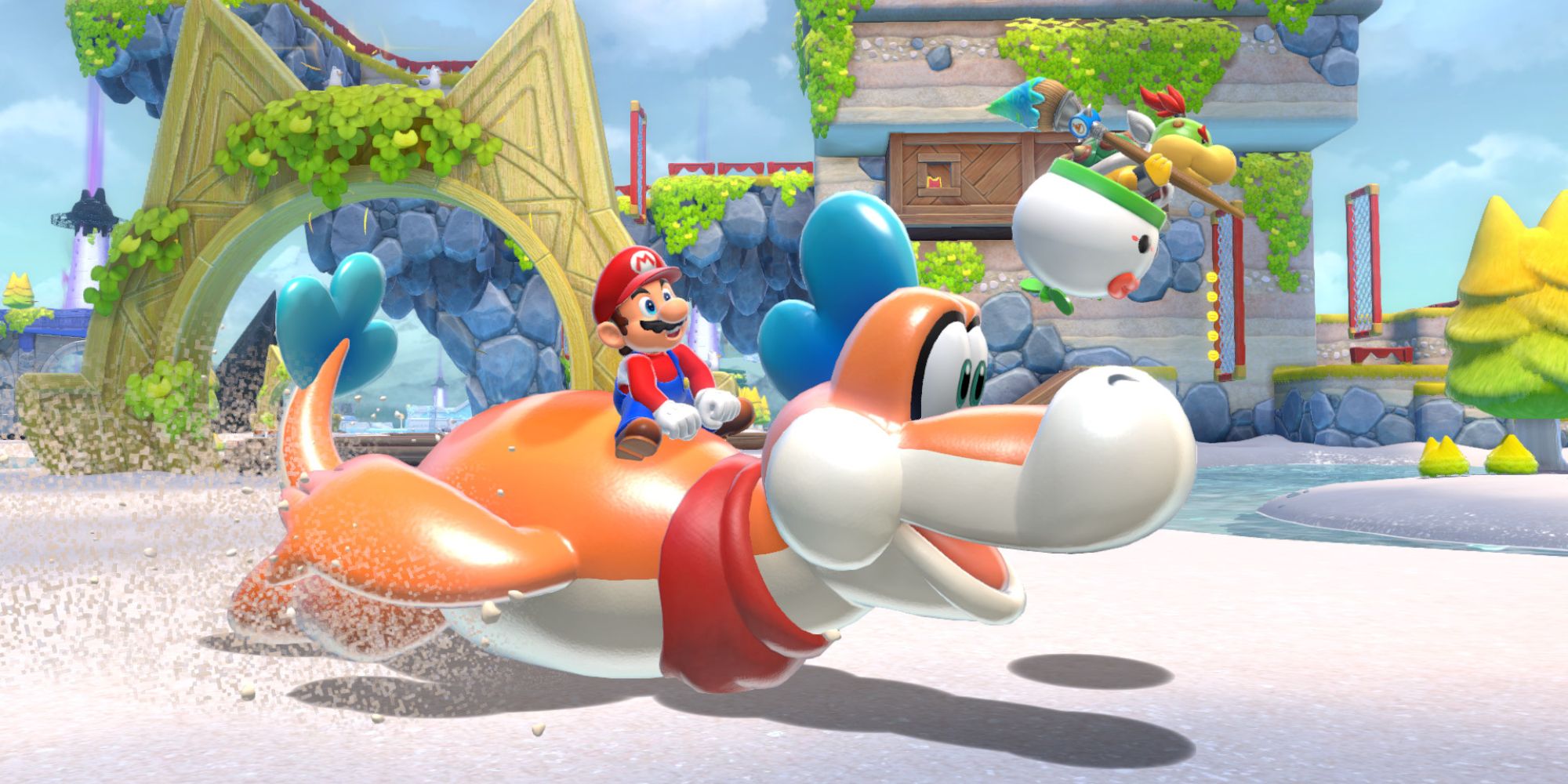 Mario riding Plessie on land